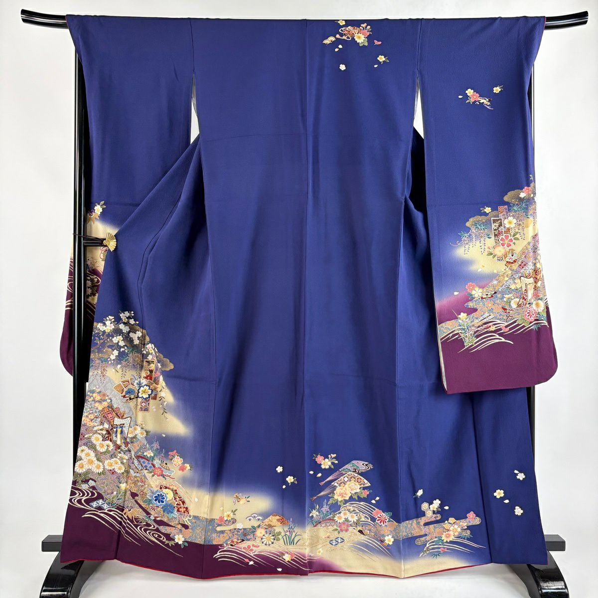 振袖禮服 身長164.5cm 袖長69cm L 雙層 御所車 草花紋紋 金彩裝飾 刺繡 深藍 純蠶絲 秀品級