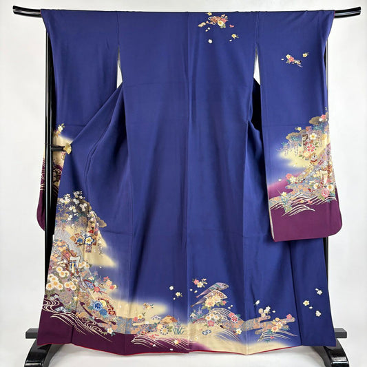 振袖禮服 身長164.5cm 袖長69cm L 雙層 御所車 草花紋紋 金彩裝飾 刺繡 深藍 純蠶絲 秀品級