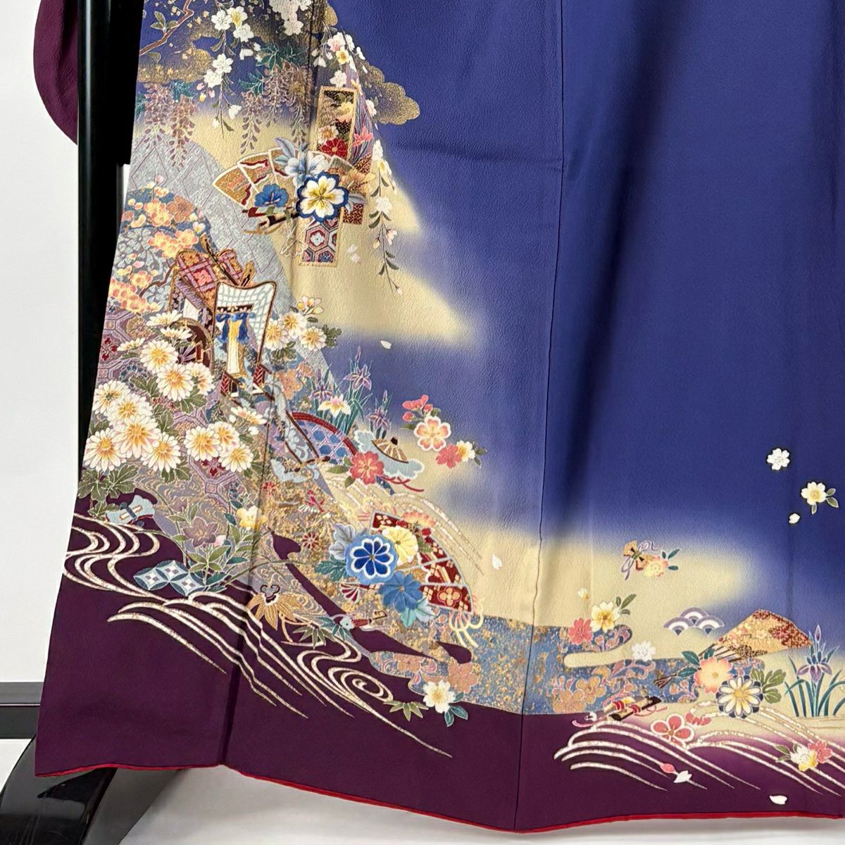 振袖禮服 身長164.5cm 袖長69cm L 雙層 御所車 草花紋紋 金彩裝飾 刺繡 深藍 純蠶絲 秀品級