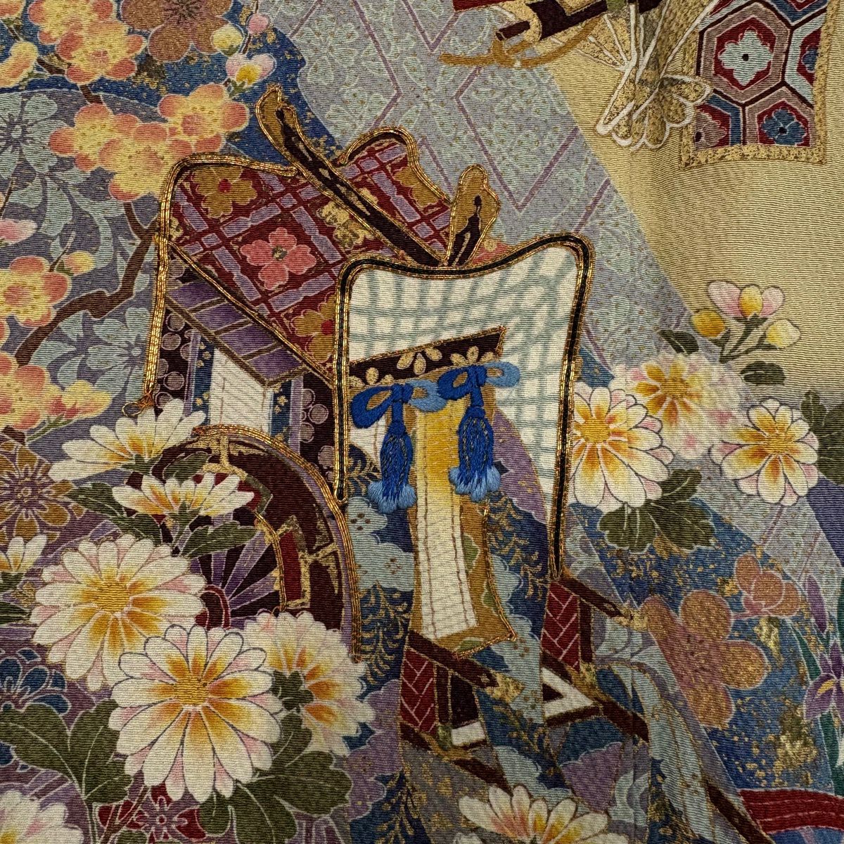 振袖禮服 身長164.5cm 袖長69cm L 雙層 御所車 草花紋紋 金彩裝飾 刺繡 深藍 純蠶絲 秀品級