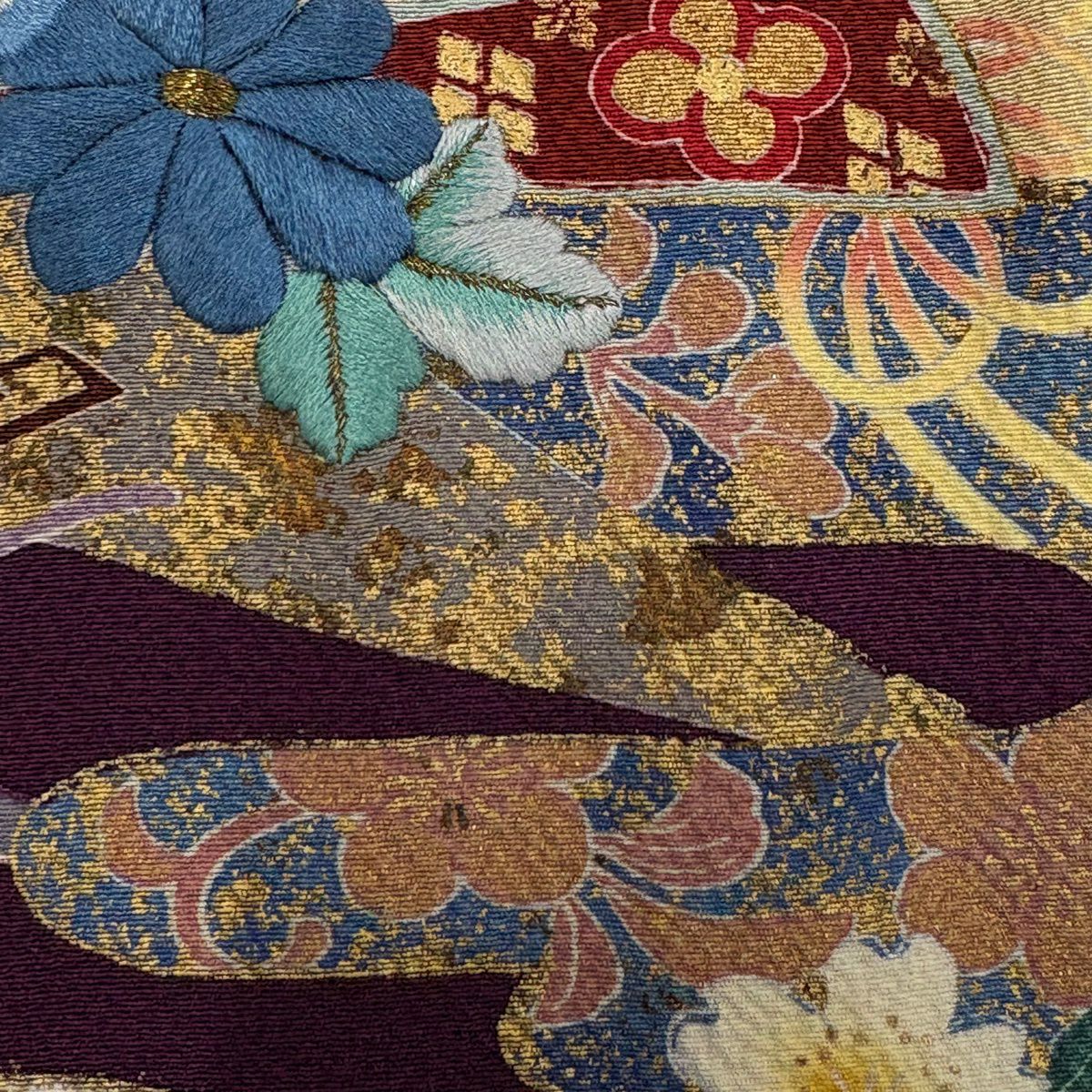 振袖禮服 身長164.5cm 袖長69cm L 雙層 御所車 草花紋紋 金彩裝飾 刺繡 深藍 純蠶絲 秀品級