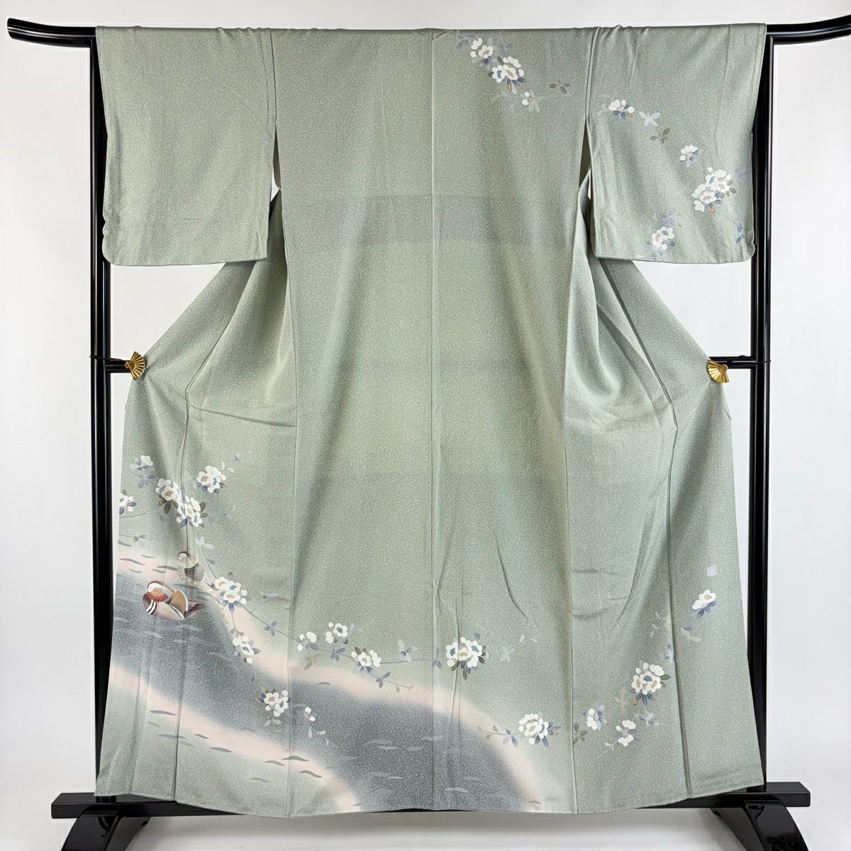 訪問服 身長158.5cm 袖長65cm M 雙層 落款 鴛鴦 草花紋紋 染分 薄綠 純蠶絲 秀品級