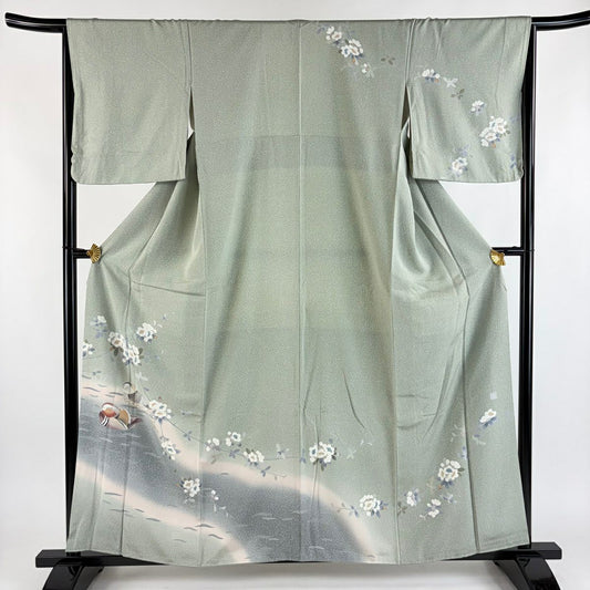 訪問服 身長158.5cm 袖長65cm M 雙層 落款 鴛鴦 草花紋紋 染分 薄綠 純蠶絲 秀品級