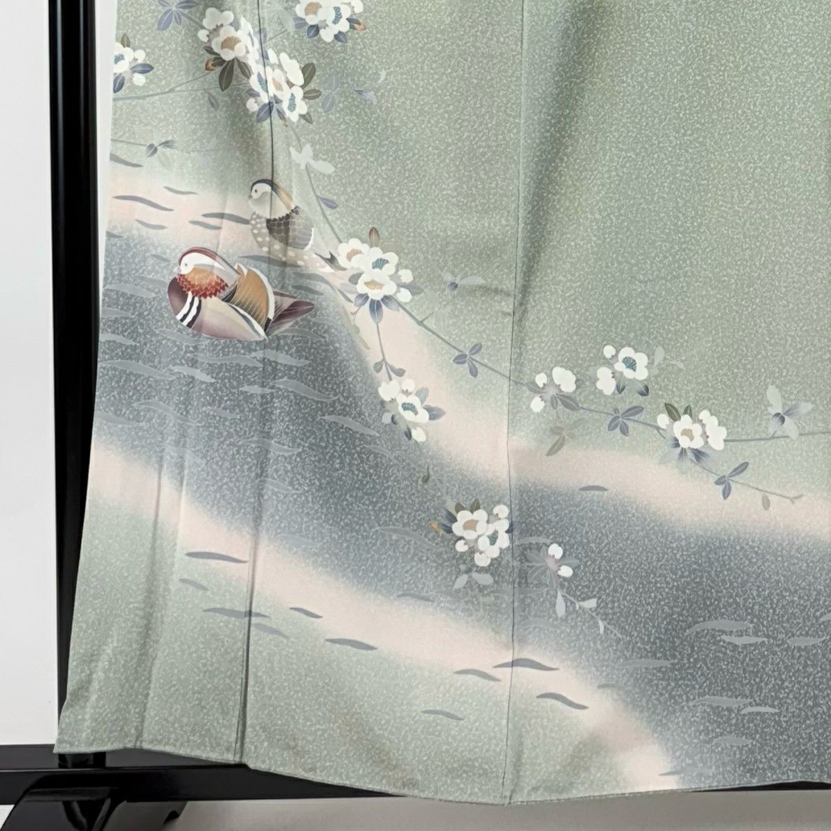 訪問服 身長158.5cm 袖長65cm M 雙層 落款 鴛鴦 草花紋紋 染分 薄綠 純蠶絲 秀品級