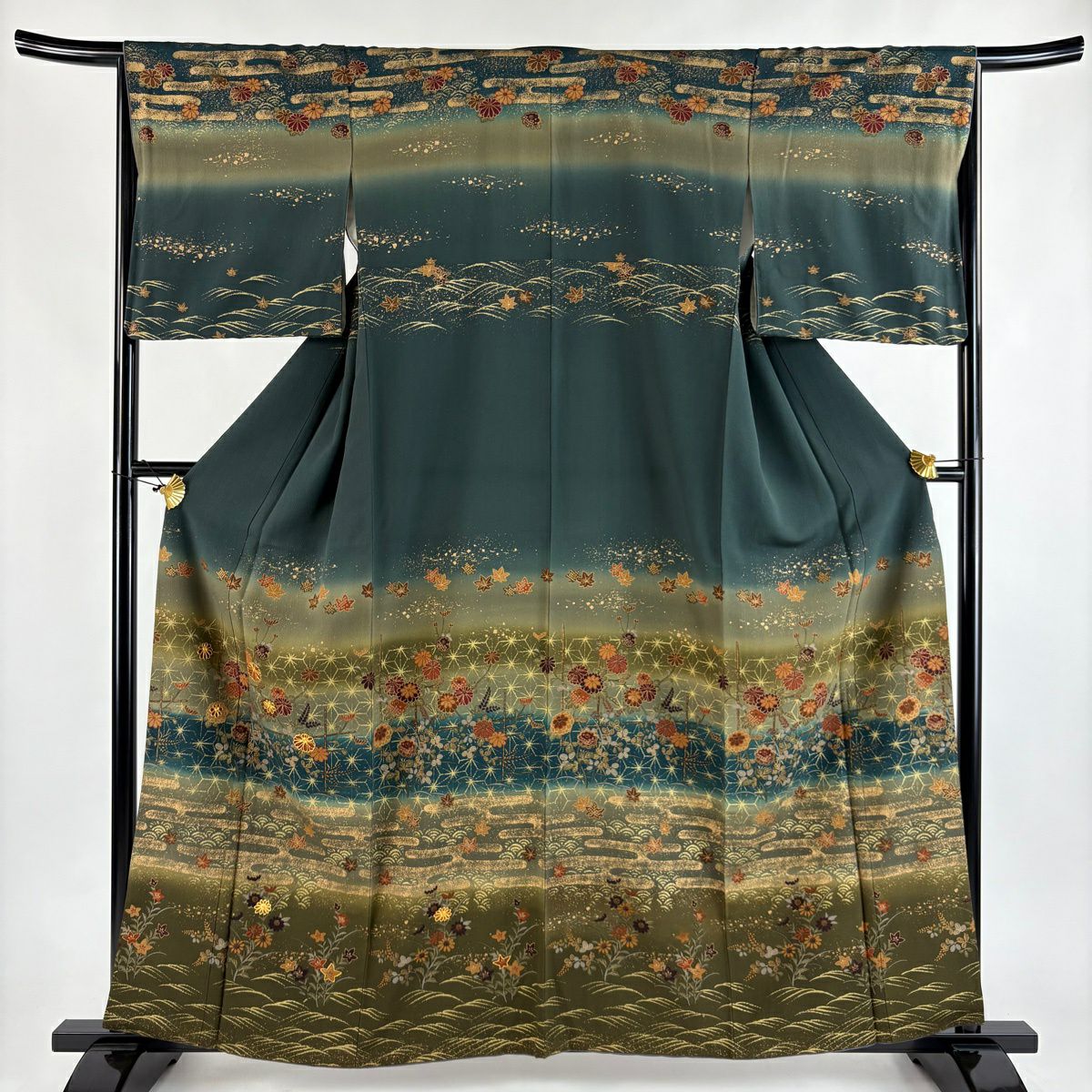 訪問服 身長159cm 袖長64.5cm M 雙層 秋草 ヱ霞 深綠 純蠶絲 秀品級