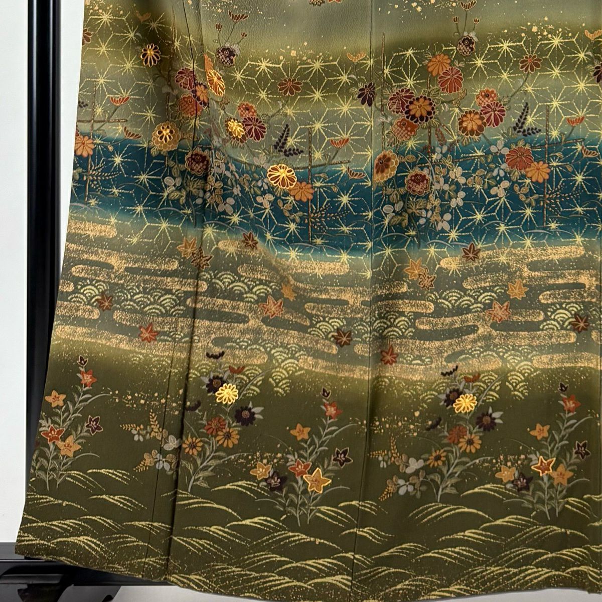 訪問服 身長159cm 袖長64.5cm M 雙層 秋草 ヱ霞 深綠 純蠶絲 秀品級