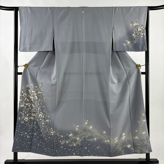 訪問服 身長152cm 袖長63cm S 雙層櫻櫻花瓣暈染青灰色純蠶絲秀品級一つ紋