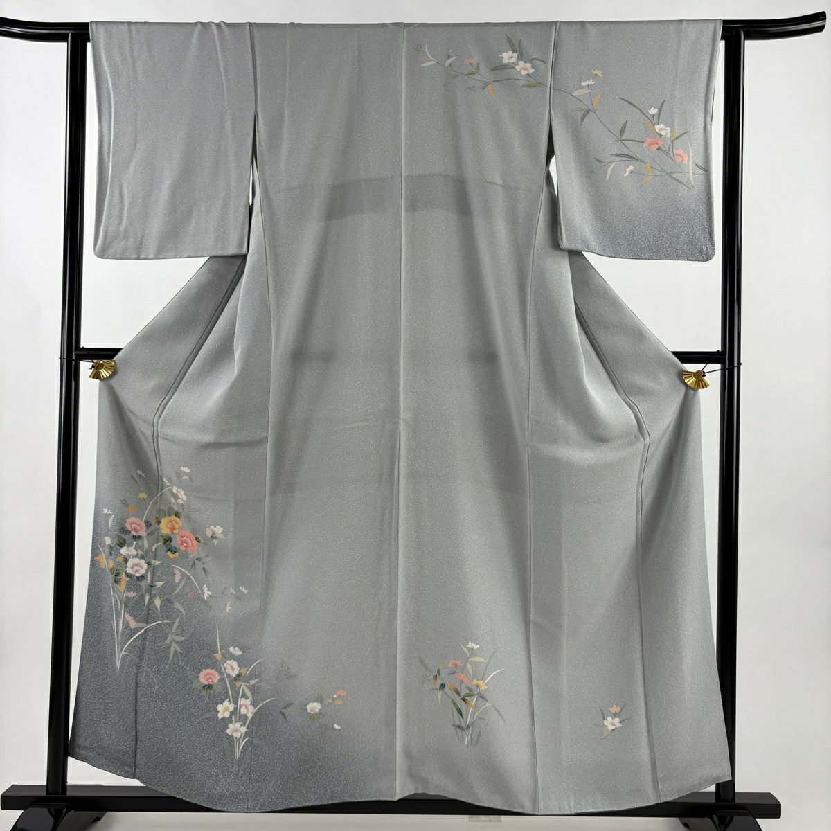 付下 身長159cm 袖長63cm S 雙層 草花紋紋 漸層 青灰 純蠶絲 優品級