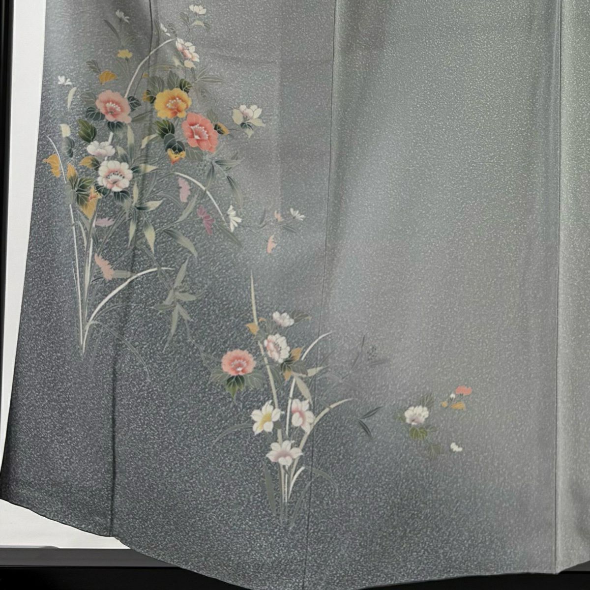 付下 身長159cm 袖長63cm S 雙層 草花紋紋 漸層 青灰 純蠶絲 優品級