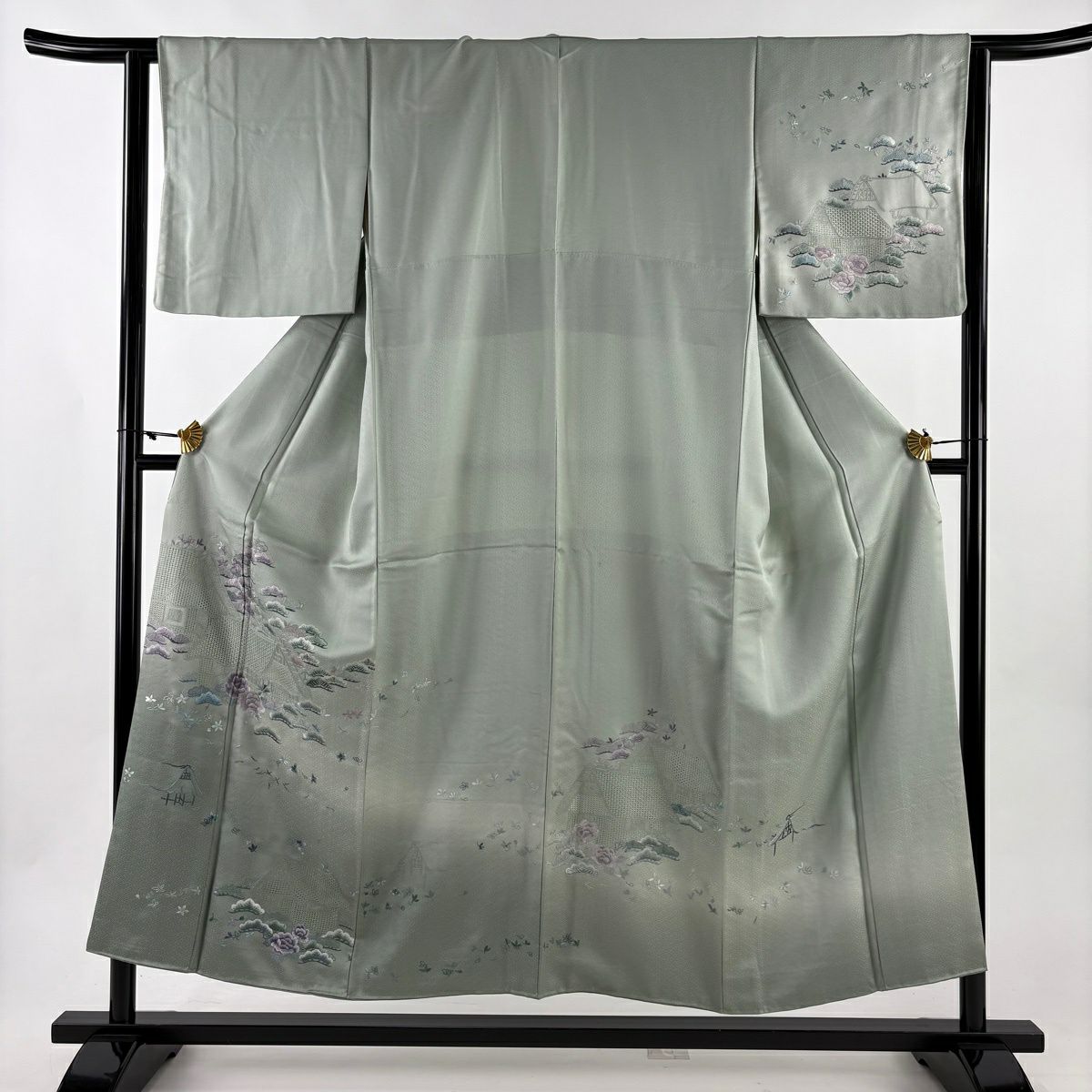 付下 身長153.5cm 袖長63cm S 雙層 蘇州刺繡 家屋 笠松樹 漸層 薄綠 純蠶絲 優品級
