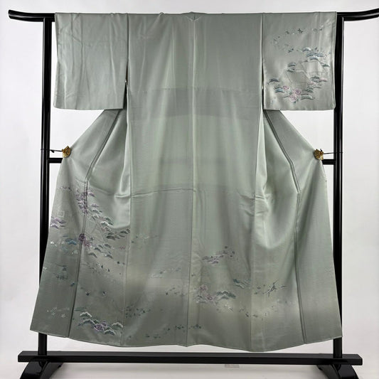 付下 身長153.5cm 袖長63cm S 雙層 蘇州刺繡 家屋 笠松樹 漸層 薄綠 純蠶絲 優品級