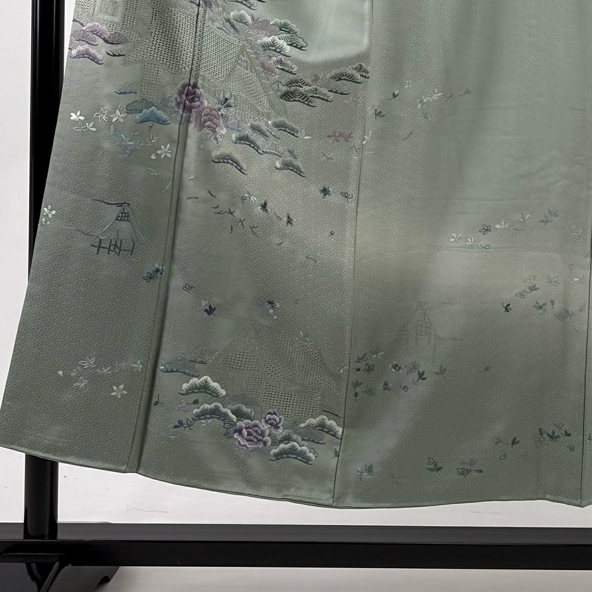 付下 身長153.5cm 袖長63cm S 雙層 蘇州刺繡 家屋 笠松樹 漸層 薄綠 純蠶絲 優品級
