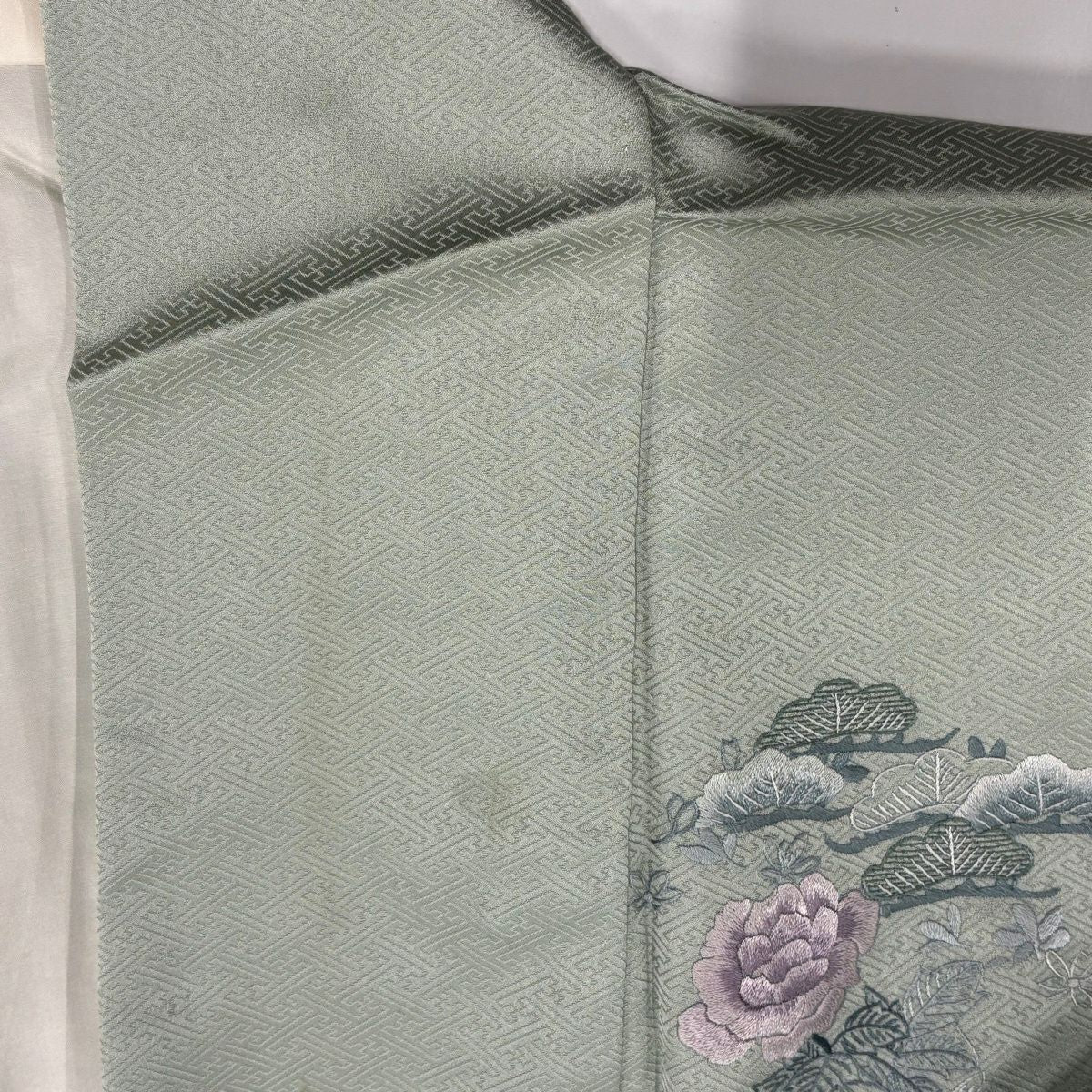 付下 身長153.5cm 袖長63cm S 雙層 蘇州刺繡 家屋 笠松樹 漸層 薄綠 純蠶絲 優品級
