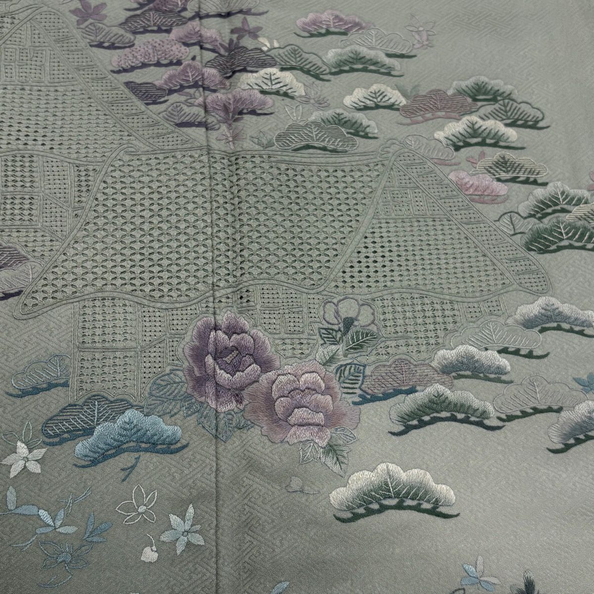 付下 身長153.5cm 袖長63cm S 雙層 蘇州刺繡 家屋 笠松樹 漸層 薄綠 純蠶絲 優品級