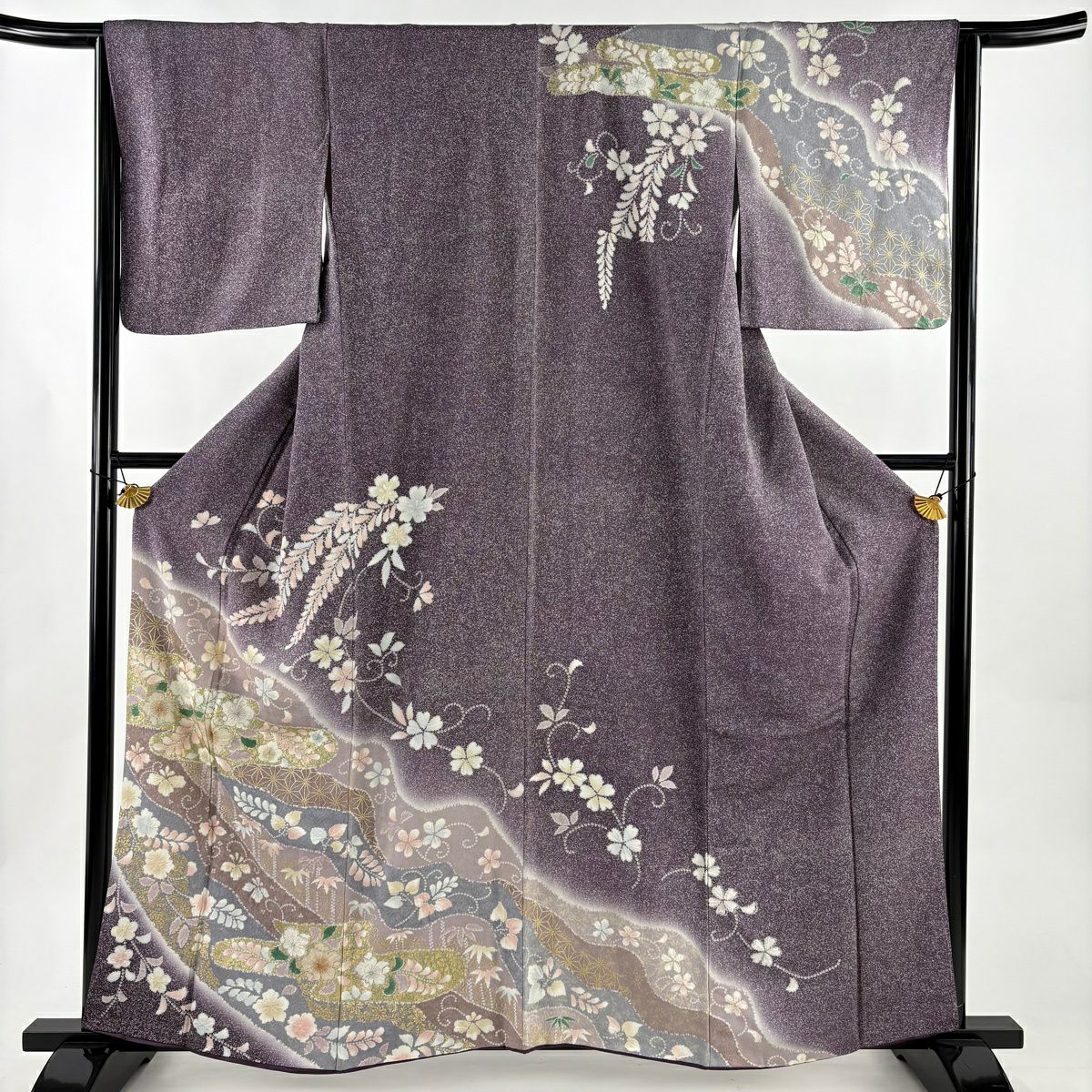 訪問服 身長160cm 袖長64.5cm M 雙層 櫻花 霞 金彩裝飾 漸層 紫 純蠶絲 優品級