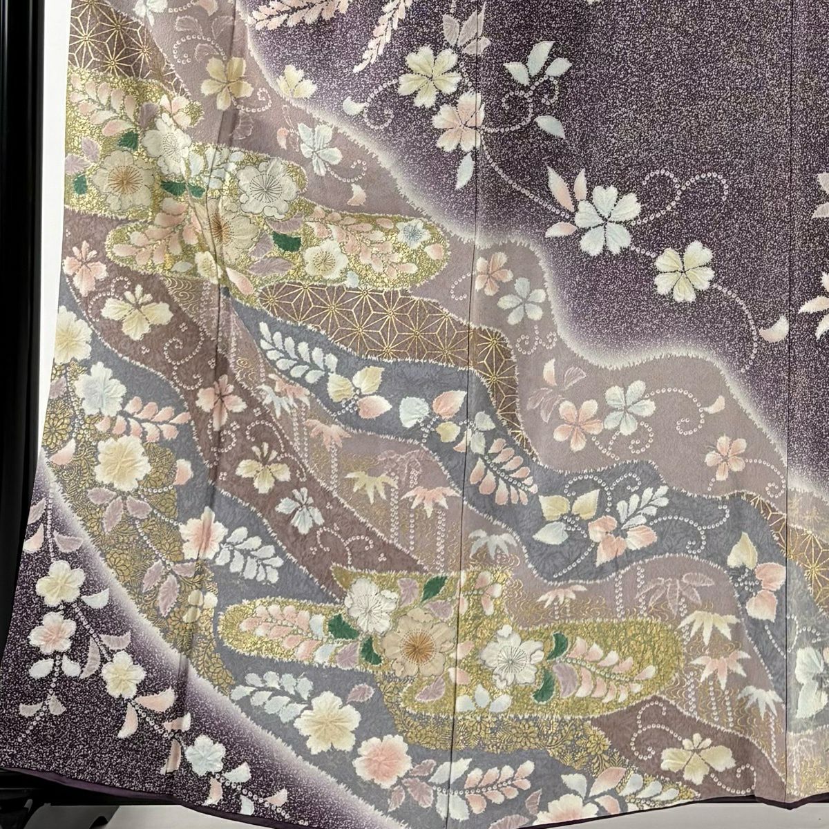 訪問服 身長160cm 袖長64.5cm M 雙層 櫻花 霞 金彩裝飾 漸層 紫 純蠶絲 優品級