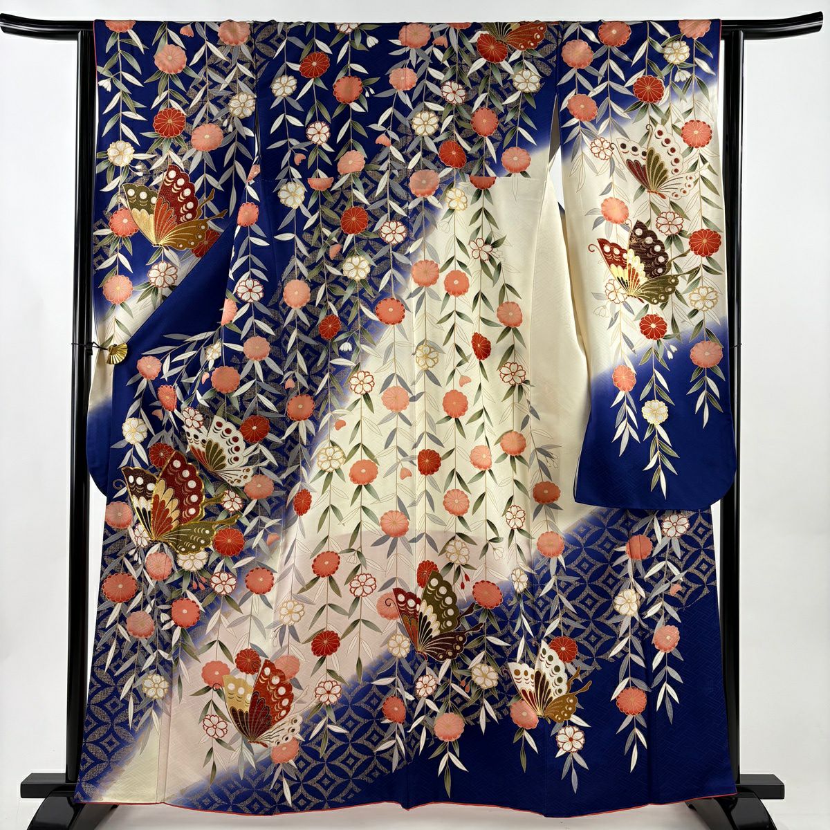 振袖禮服 身長162cm 袖長62cm S 雙層 枝垂櫻 蝴蝶 金絲 金銀彩 深藍 純蠶絲 秀品級