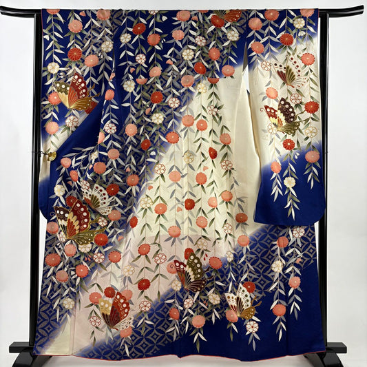 振袖禮服 身長162cm 袖長62cm S 雙層 枝垂櫻 蝴蝶 金絲 金銀彩 深藍 純蠶絲 秀品級