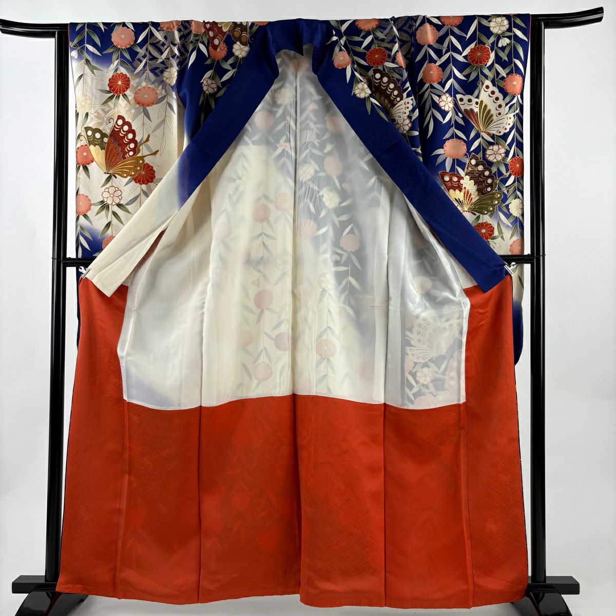 振袖禮服 身長162cm 袖長62cm S 雙層 枝垂櫻 蝴蝶 金絲 金銀彩 深藍 純蠶絲 秀品級