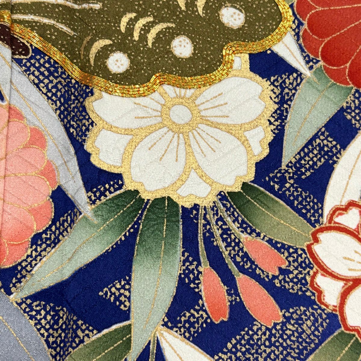 振袖禮服 身長162cm 袖長62cm S 雙層 枝垂櫻 蝴蝶 金絲 金銀彩 深藍 純蠶絲 秀品級