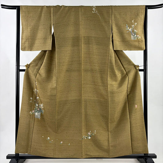 【美品】 付下 身長157.5cm 袖長64cm M 雙層 紬織織 落款 花籠 椿 灰茶 純蠶絲 秀品級