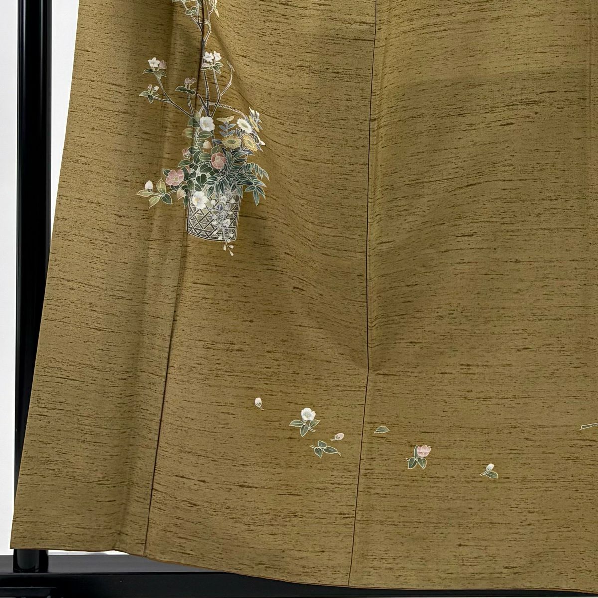 【美品】 付下 身長157.5cm 袖長64cm M 雙層 紬織織 落款 花籠 椿 灰茶 純蠶絲 秀品級