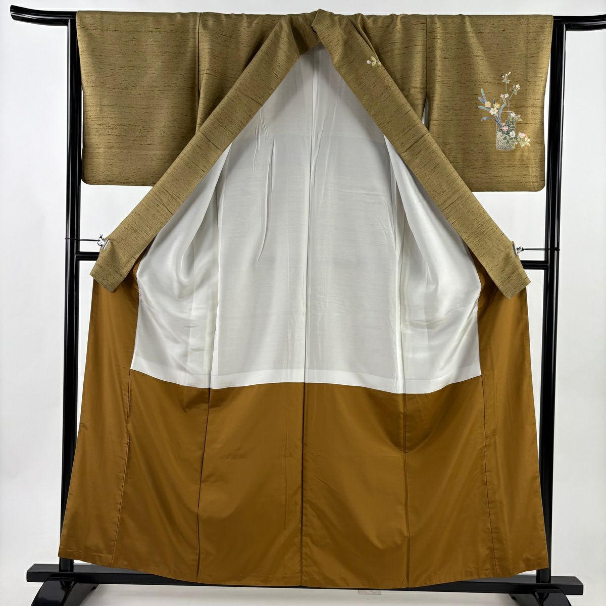 【美品】 付下 身長157.5cm 袖長64cm M 雙層 紬織織 落款 花籠 椿 灰茶 純蠶絲 秀品級