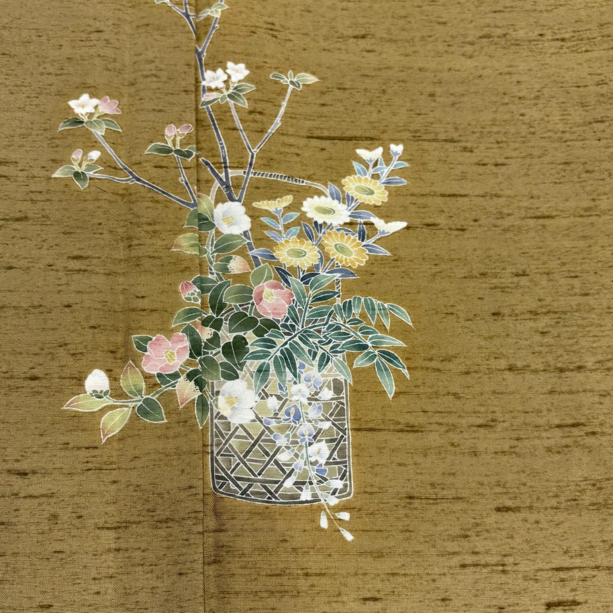 【美品】 付下 身長157.5cm 袖長64cm M 雙層 紬織織 落款 花籠 椿 灰茶 純蠶絲 秀品級