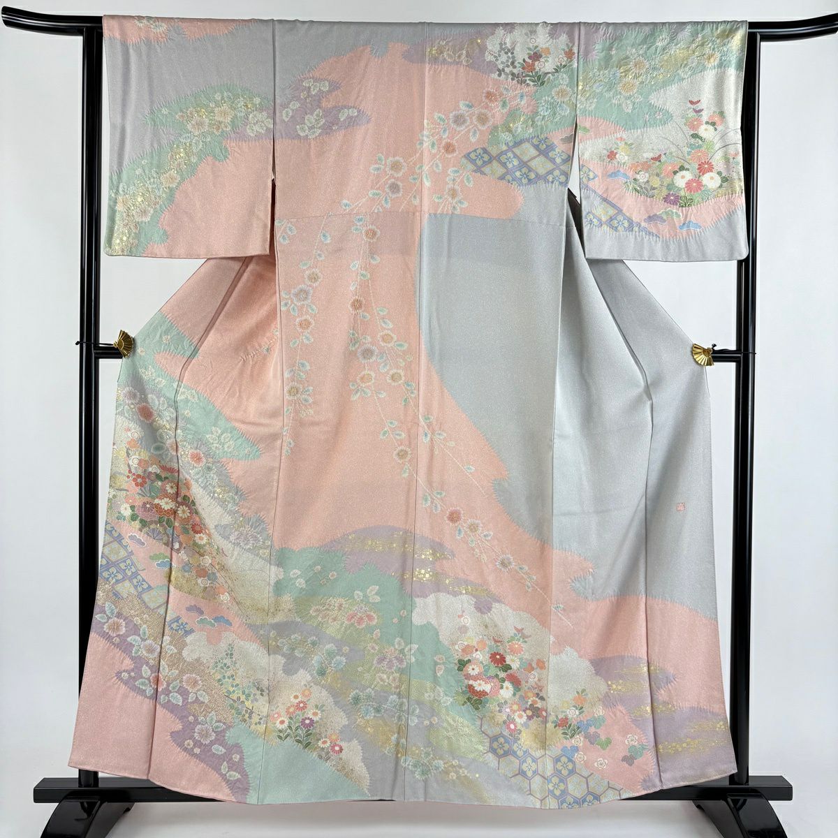 訪問服 身長158cm 袖長63cm S 雙層 落款 花車 雪輪 金糸 金銀彩 淺粉色 純蠶絲 優品級