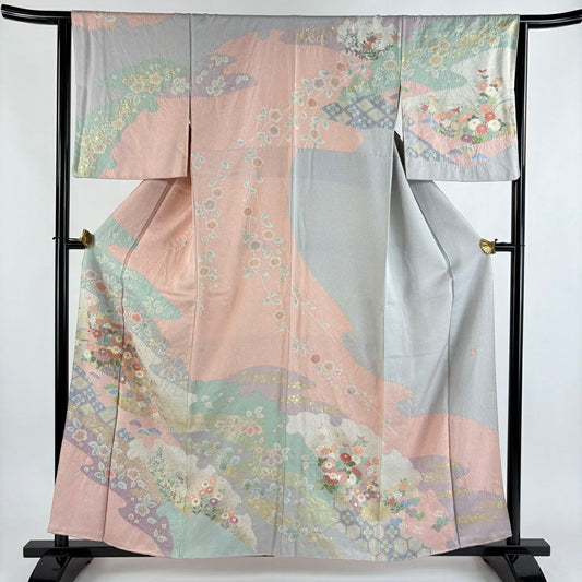 訪問服 身長158cm 袖長63cm S 雙層 落款 花車 雪輪 金糸 金銀彩 淺粉色 純蠶絲 優品級