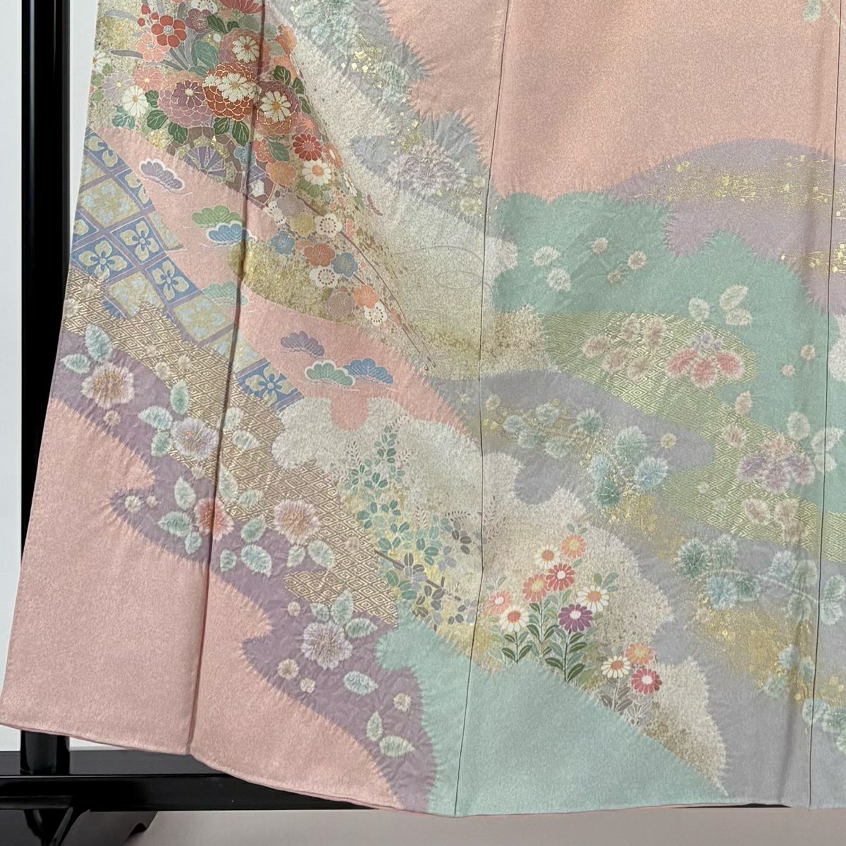 訪問服 身長158cm 袖長63cm S 雙層 落款 花車 雪輪 金糸 金銀彩 淺粉色 純蠶絲 優品級
