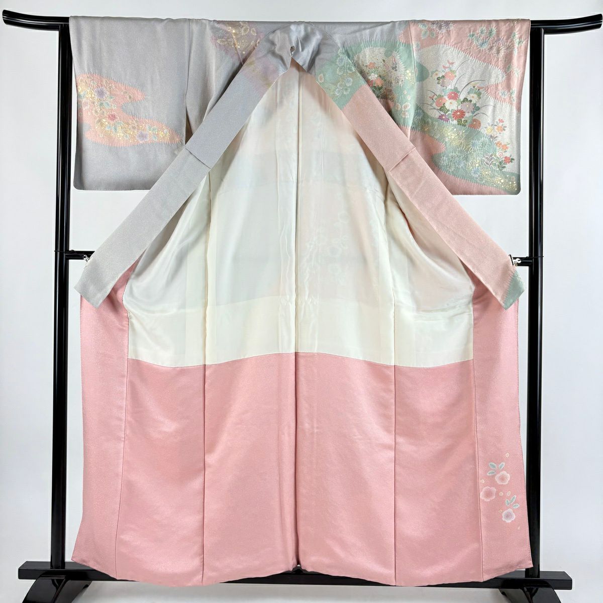 訪問服 身長158cm 袖長63cm S 雙層 落款 花車 雪輪 金糸 金銀彩 淺粉色 純蠶絲 優品級