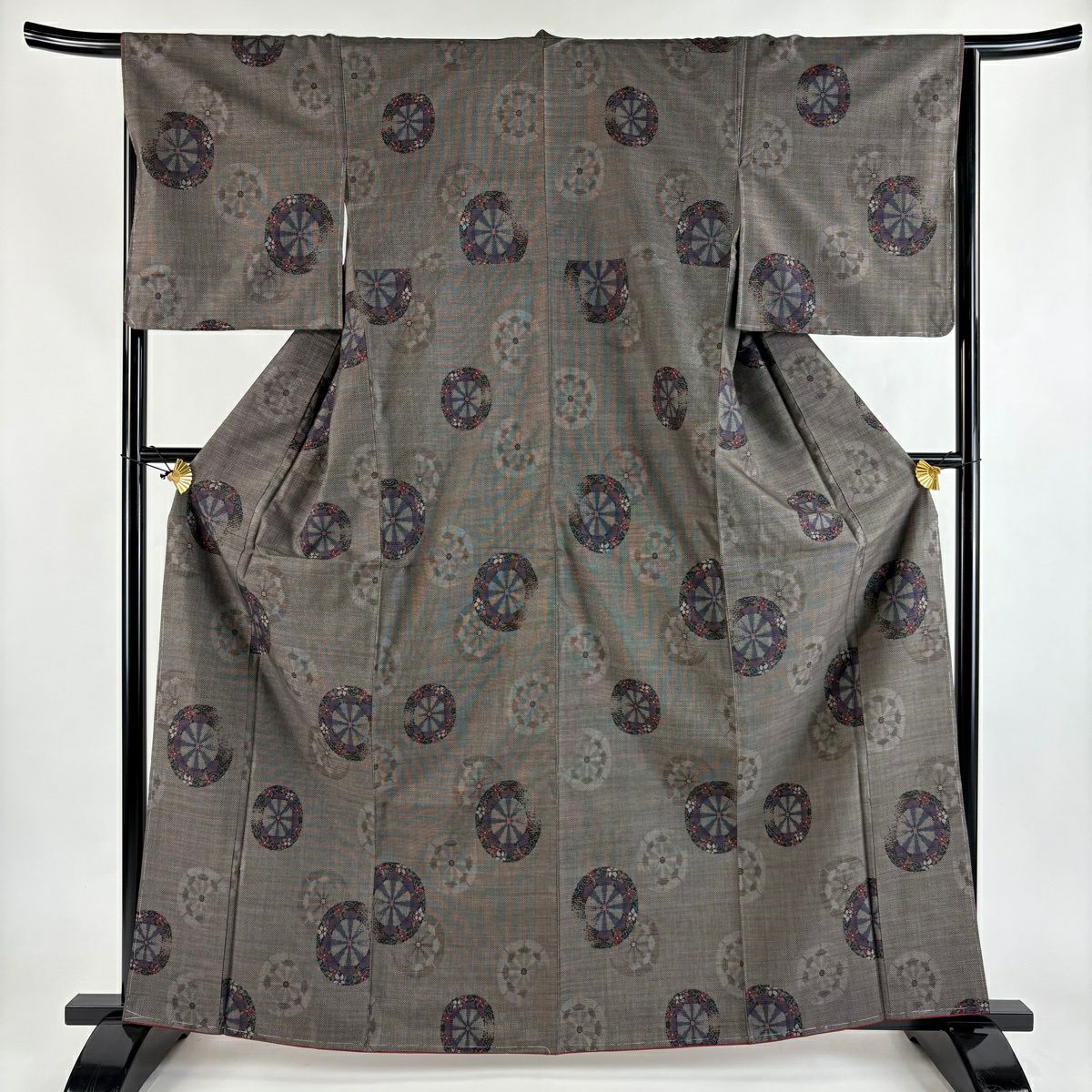 【美品】 大島紬織 身長163.5cm 袖長65cm M 雙層 純泥染 證書あり 茶紫 純蠶絲 秀品級