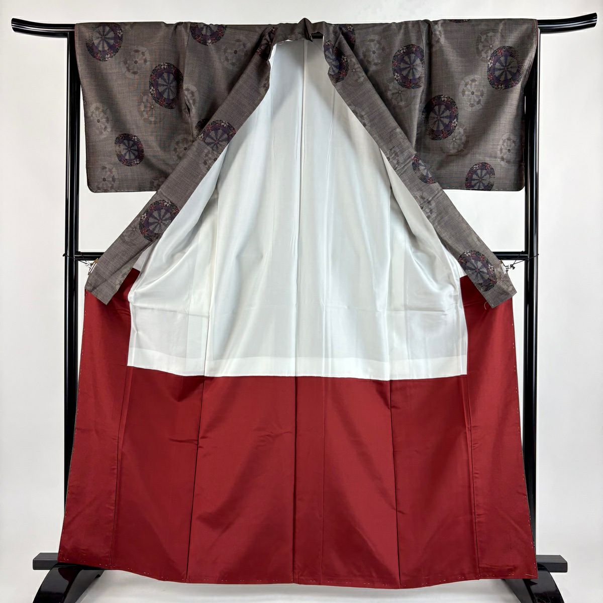 【美品】 大島紬織 身長163.5cm 袖長65cm M 雙層 純泥染 證書あり 茶紫 純蠶絲 秀品級