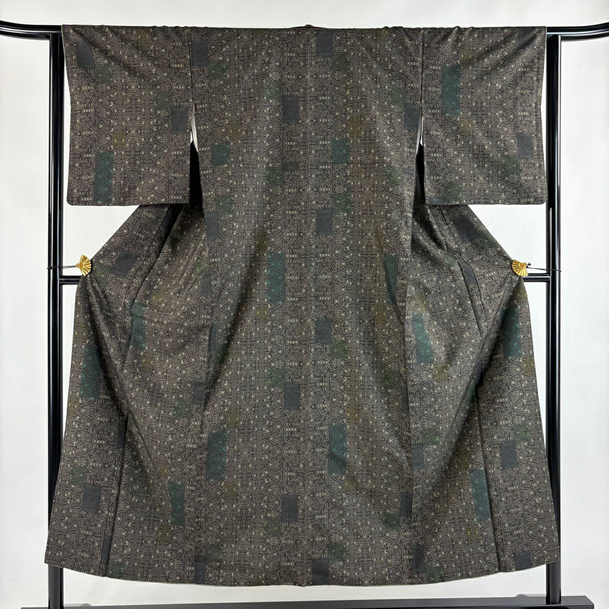 【美品】 紬織 身長150.5cm 袖長64cm M 雙層 幾何學 墨 深藍 純蠶絲 秀品級