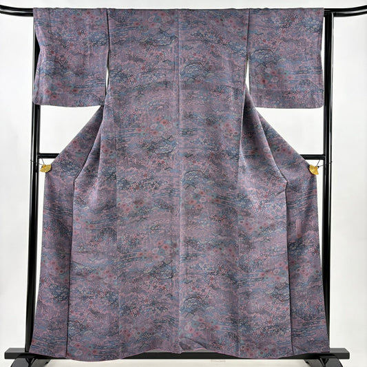 【美品】 小紋 身長156cm 袖長65.5cm M 雙層 南部幸雄 落款あり 山 松樹竹子梅花 縮緬 灰紫 純蠶絲 秀品級