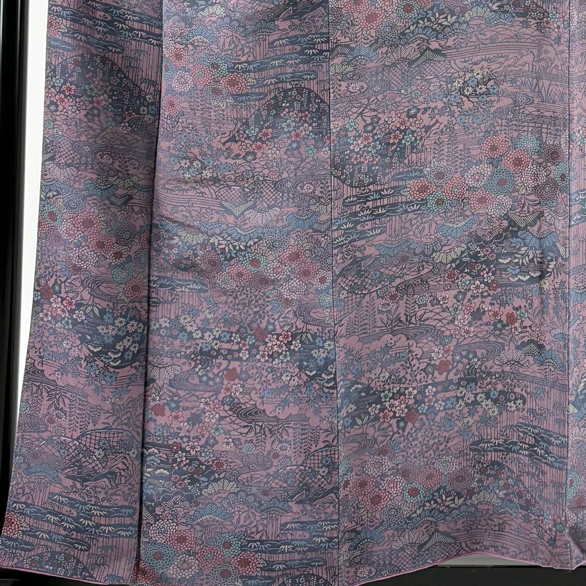 【美品】 小紋 身長156cm 袖長65.5cm M 雙層 南部幸雄 落款あり 山 松樹竹子梅花 縮緬 灰紫 純蠶絲 秀品級
