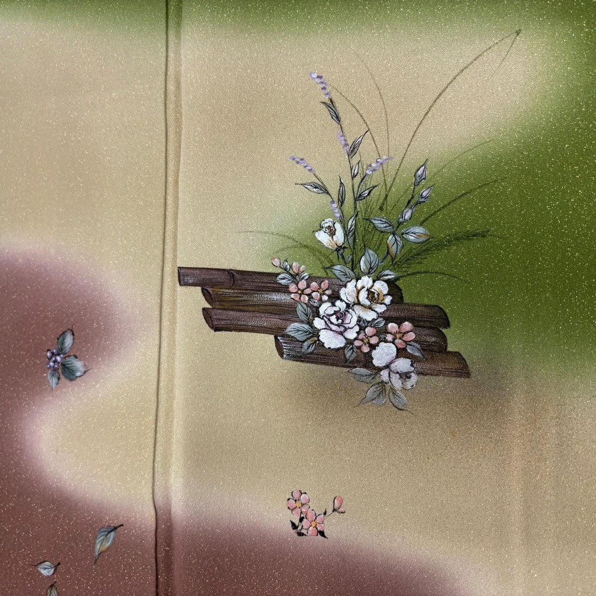 【美品】 付下 身長155cm 袖長63cm S 雙層 花筏 葉與果 金通 金銀彩 艾草 棉絲 優品級