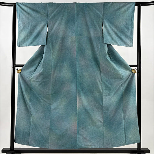 【美品】 小紋 身長156cm 袖長62cm S 雙層 大島紬織地 證書齊全 幾何學 漸層 薄青綠 純蠶絲 優品級