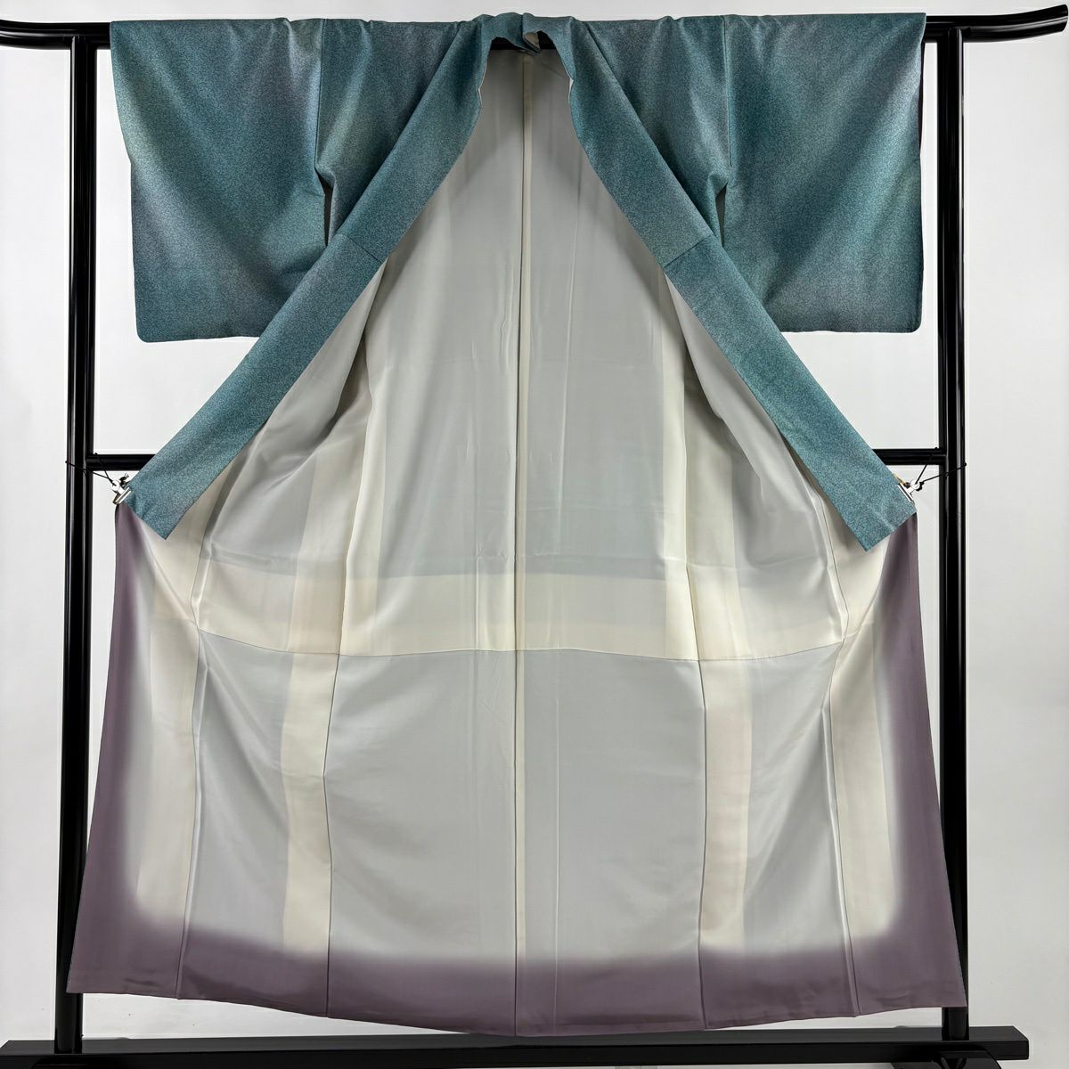 【美品】 小紋 身長156cm 袖長62cm S 雙層 大島紬織地 證書齊全 幾何學 漸層 薄青綠 純蠶絲 優品級