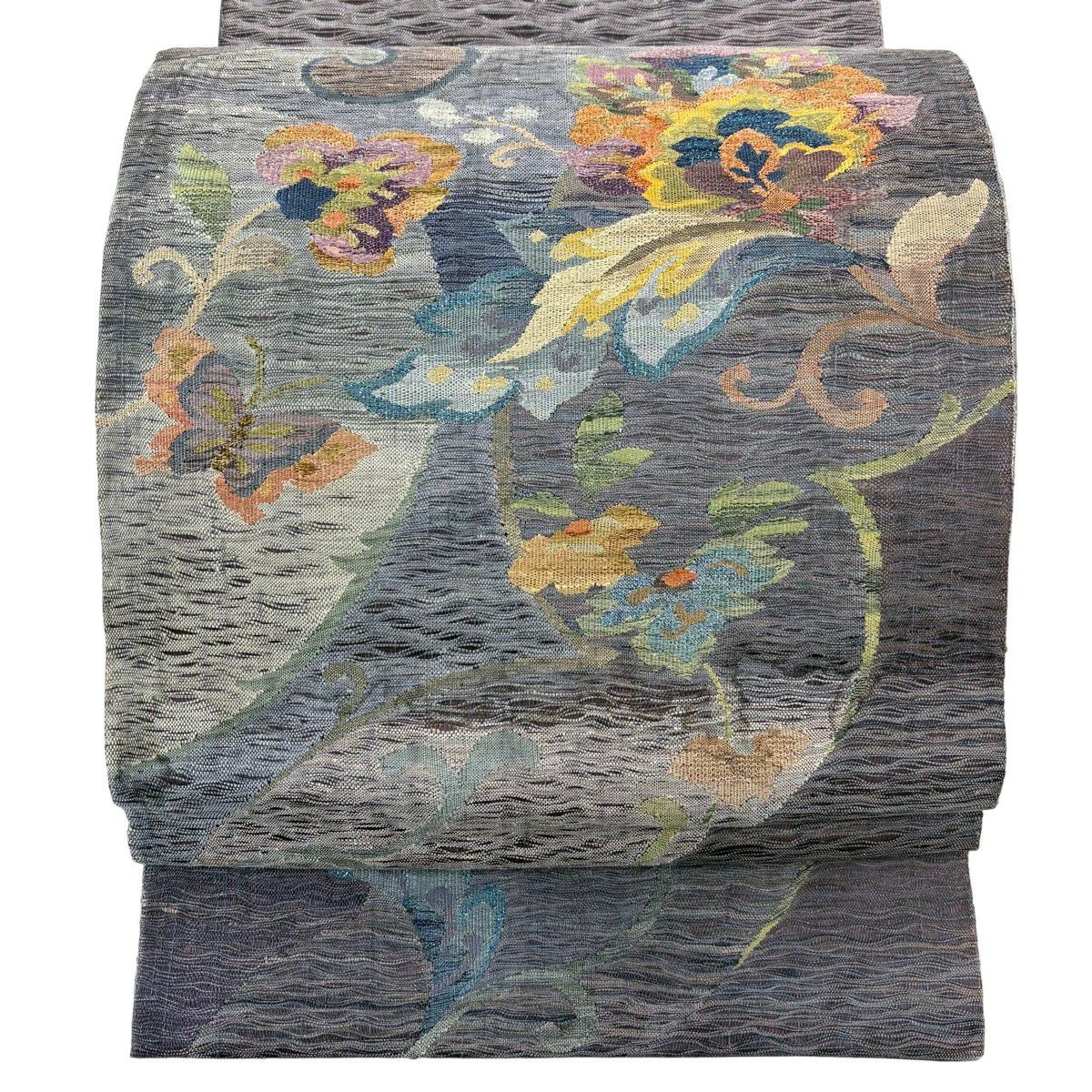 【美品】 袋帶 秀品級 草花紋 金銀彩 金金箔 灰紫 お太鼓圖案 純蠶絲