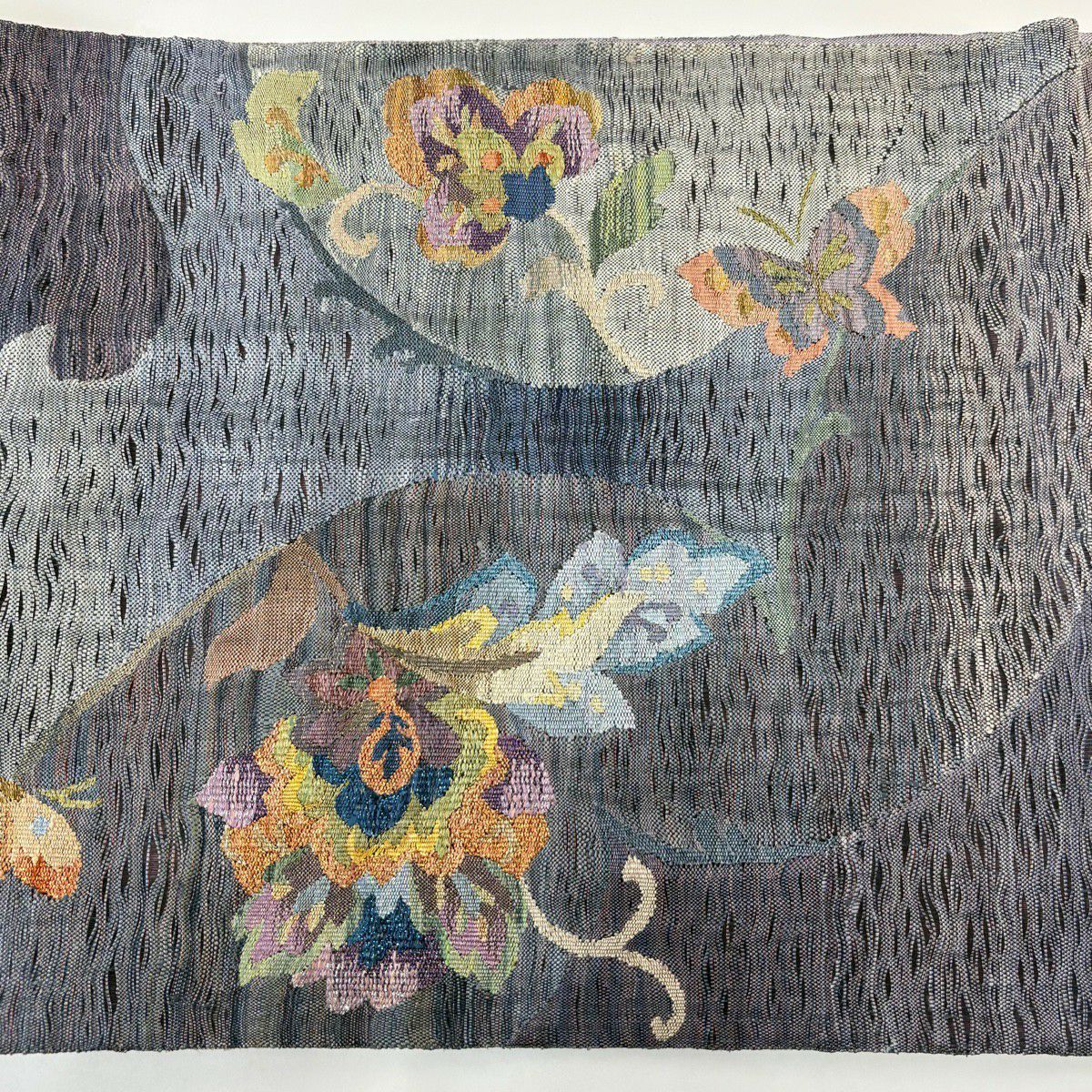 【美品】 袋帶 秀品級 草花紋 金銀彩 金金箔 灰紫 お太鼓圖案 純蠶絲
