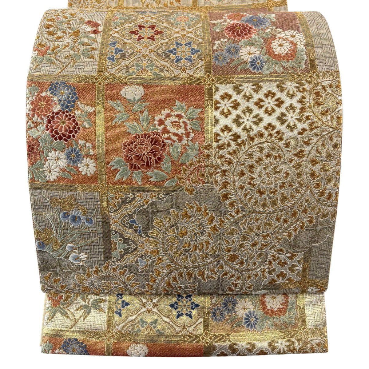 【美品】 袋帶 秀品級 草花紋 金糸 金金箔 金 六通 純蠶絲