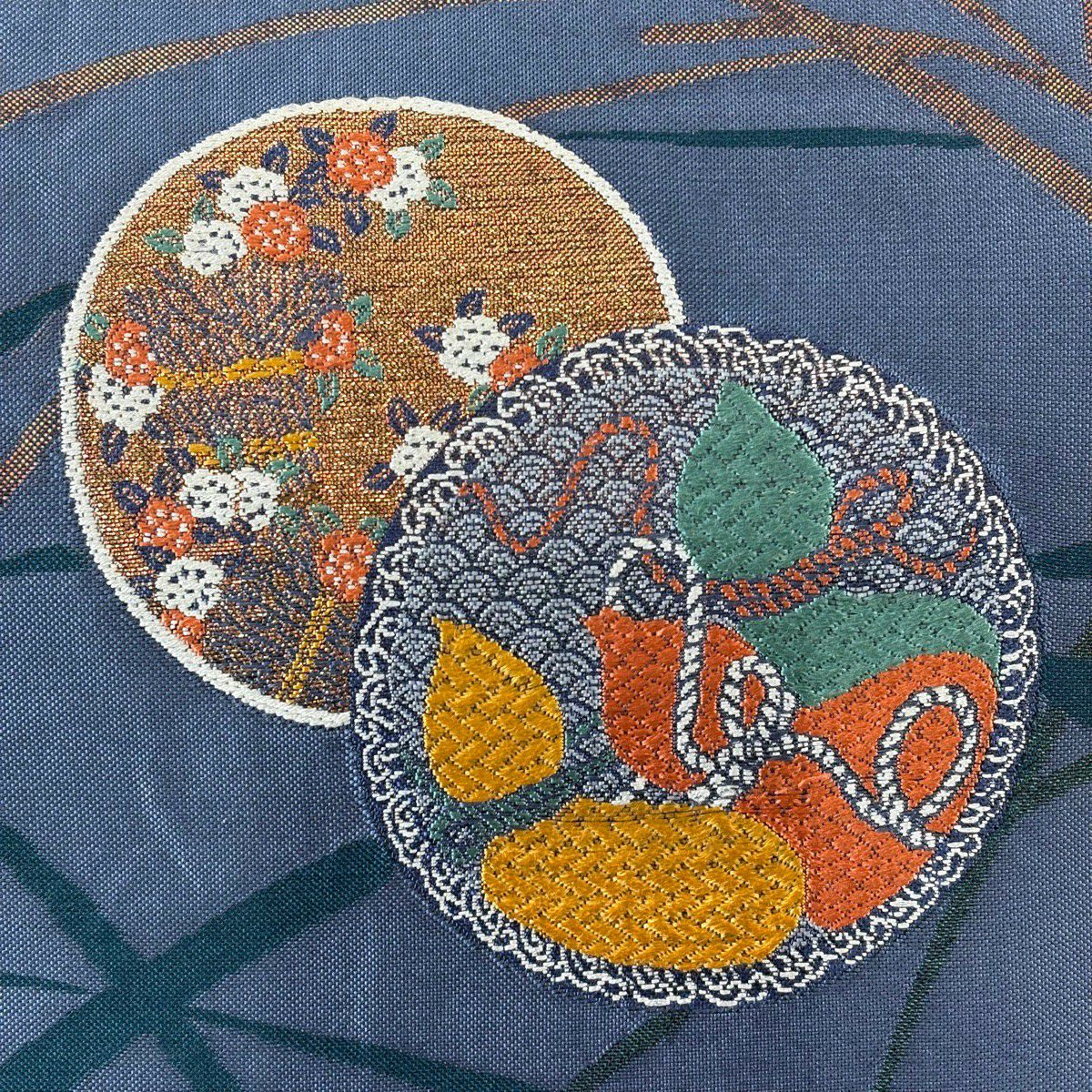 袋帶 秀品級 圓紋 瓢箪 金金箔 藍色 大鼓圖案 純蠶絲