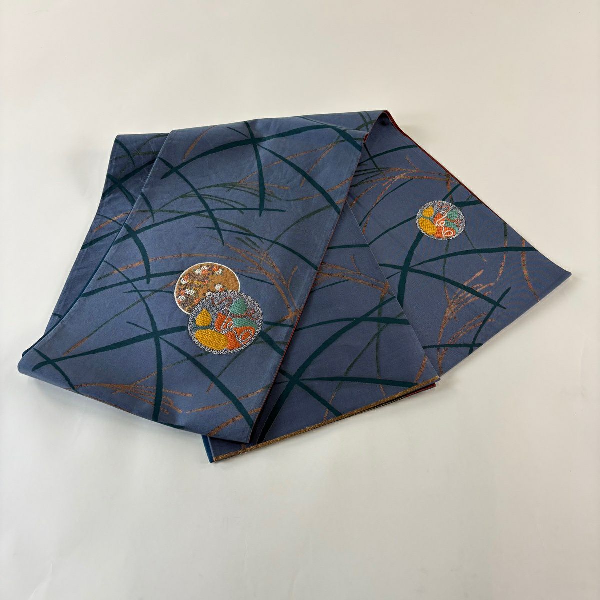 袋帶 秀品級 圓紋 瓢箪 金金箔 藍色 大鼓圖案 純蠶絲