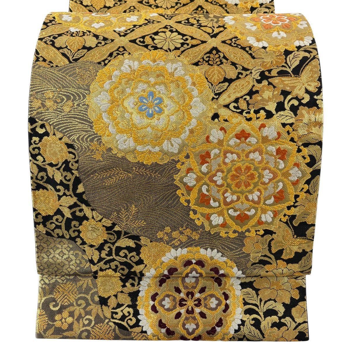 【美品】 袋帶 秀品級 振袖禮服禮服用 華紋 波 金絲 金金箔 金色 六通 純蠶絲