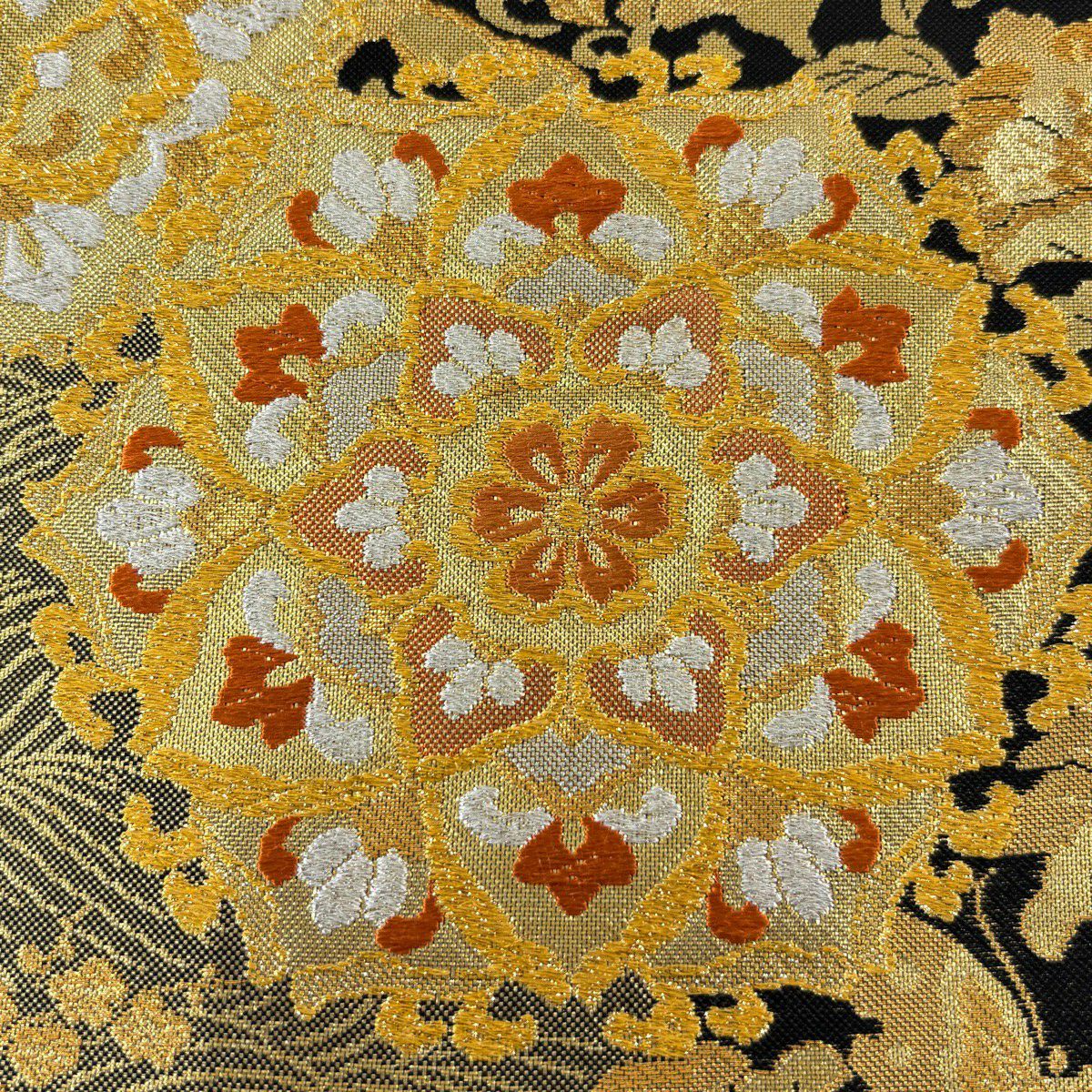 【美品】 袋帶 秀品級 振袖禮服禮服用 華紋 波 金絲 金金箔 金色 六通 純蠶絲