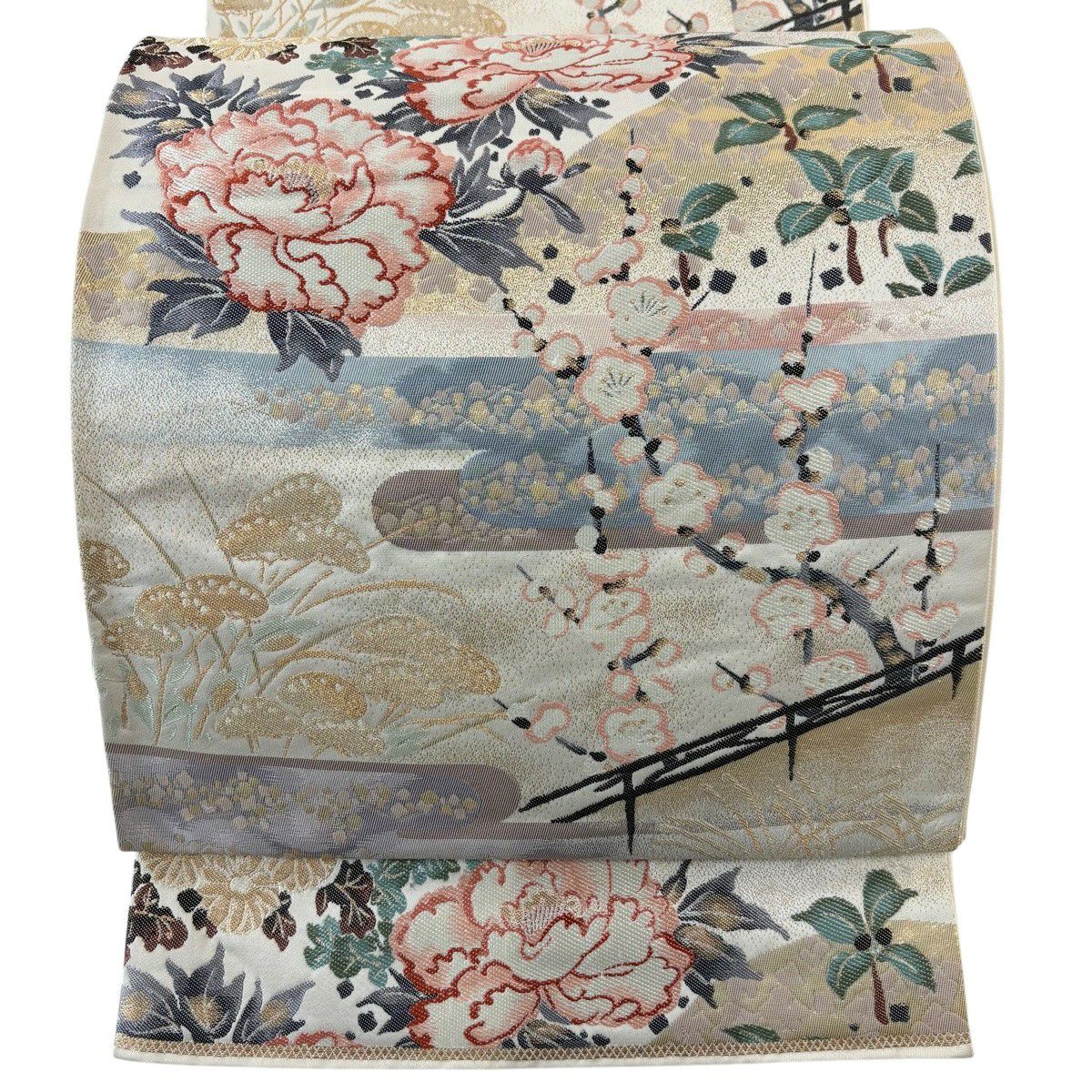 【美品】 袋帶 秀品級 關西仕立 草花紋紋 枝梅花 奶油色 六通 純蠶絲