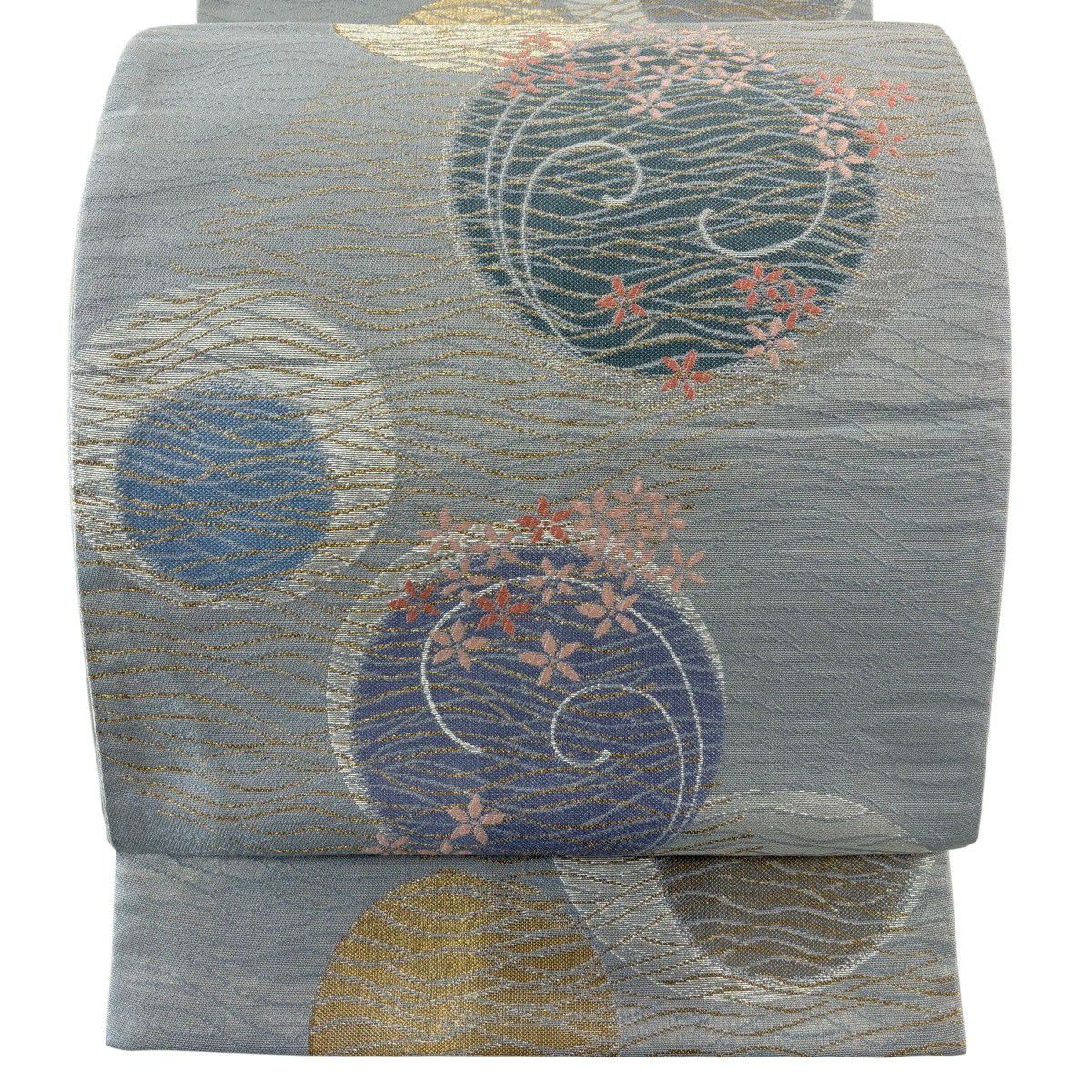 【美品】 袋帶 秀品級 圓文 花 金絲 金金箔 青灰 六通 純蠶絲