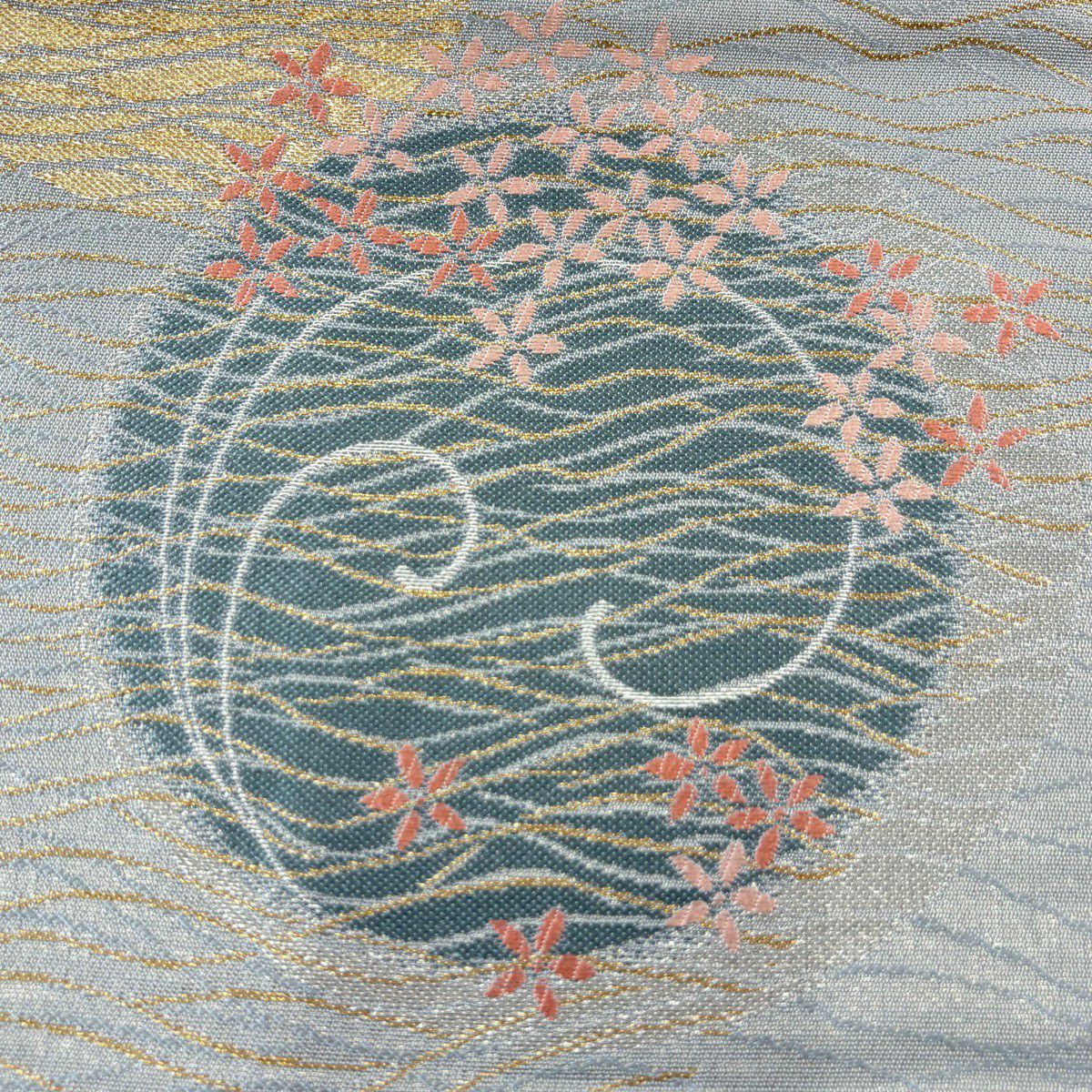 【美品】 袋帶 秀品級 圓文 花 金絲 金金箔 青灰 六通 純蠶絲